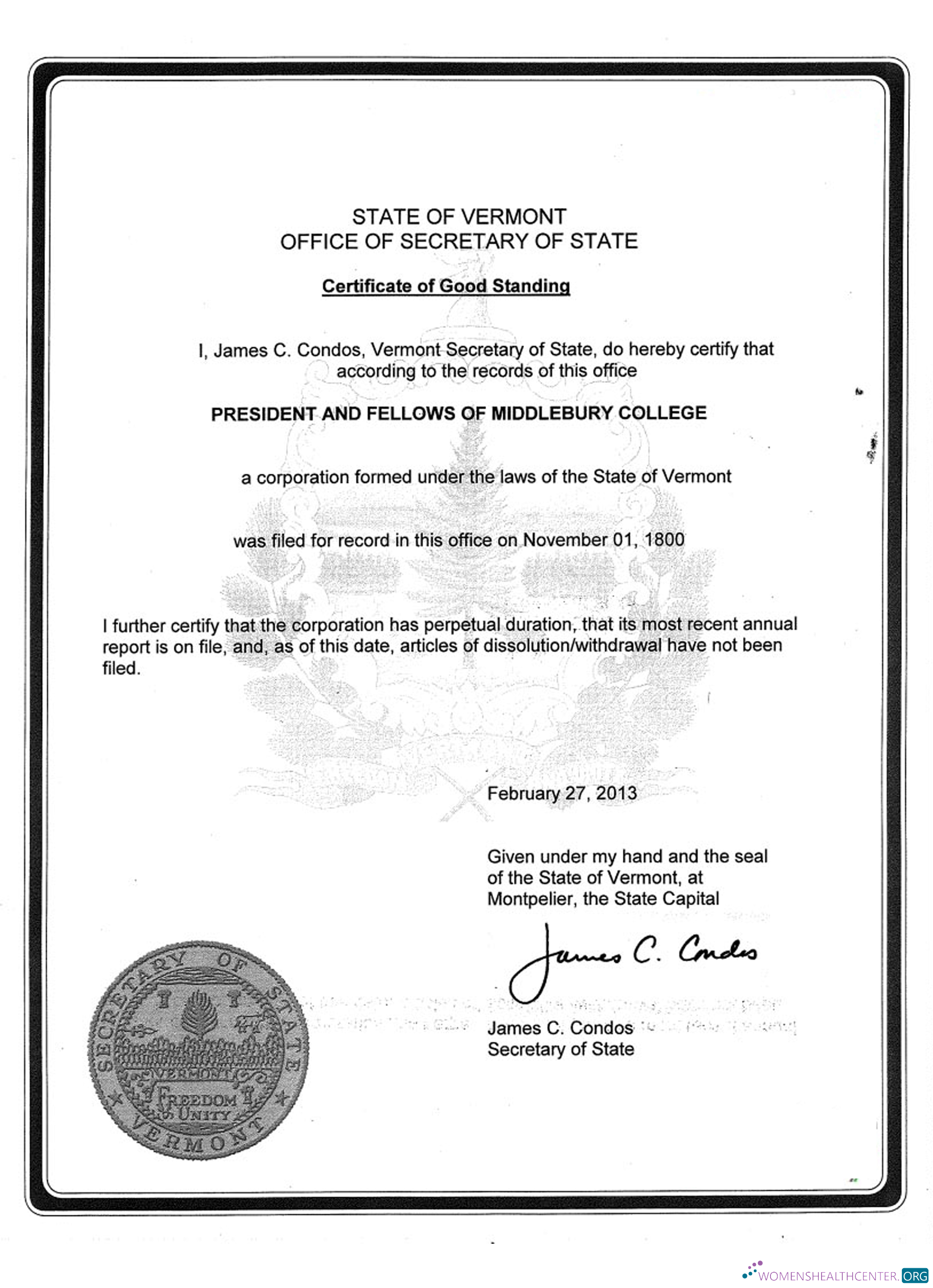 Download USA Vermont certificate of good standing Photoshop template